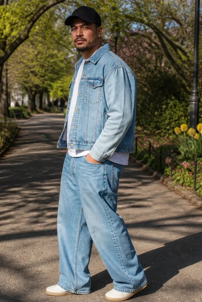 Washed blue jeans with a lighter denim jacket and a black cap