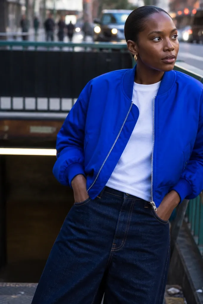 Navy baggy jeans with a cobalt bomber and white tee