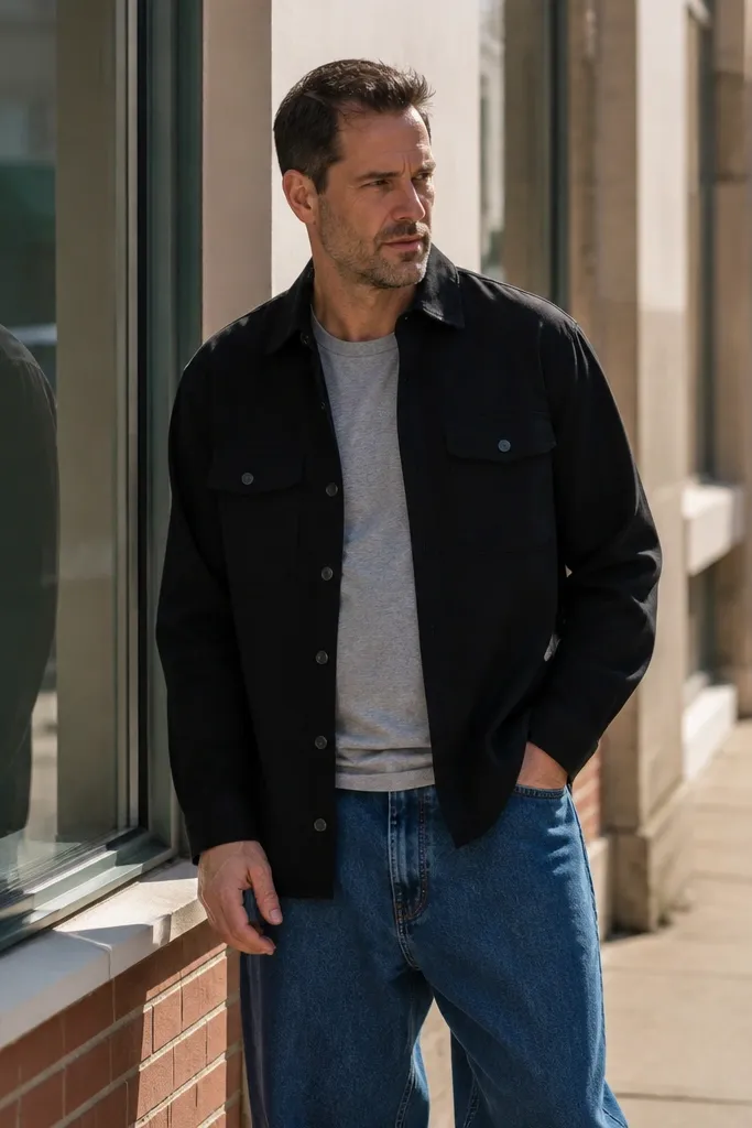 Blue baggy jeans with a black overshirt and gray crewneck tee