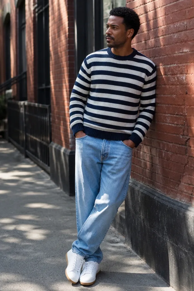 Light blue baggy jeans with a striped knit sweater and white sneakers
