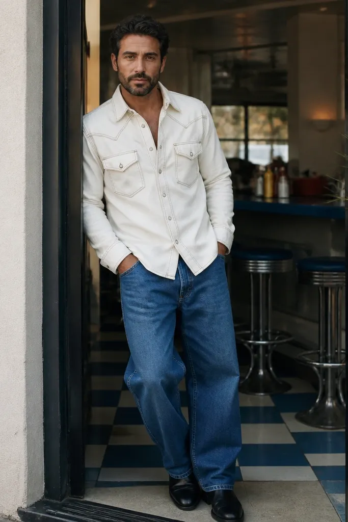 Blue baggy jeans with a white denim shirt and black boots