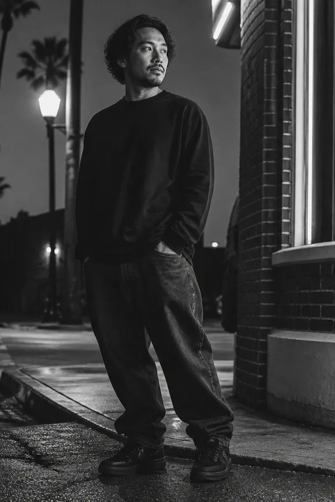 Indigo baggy jeans with a black long-sleeve tee and black sneakers