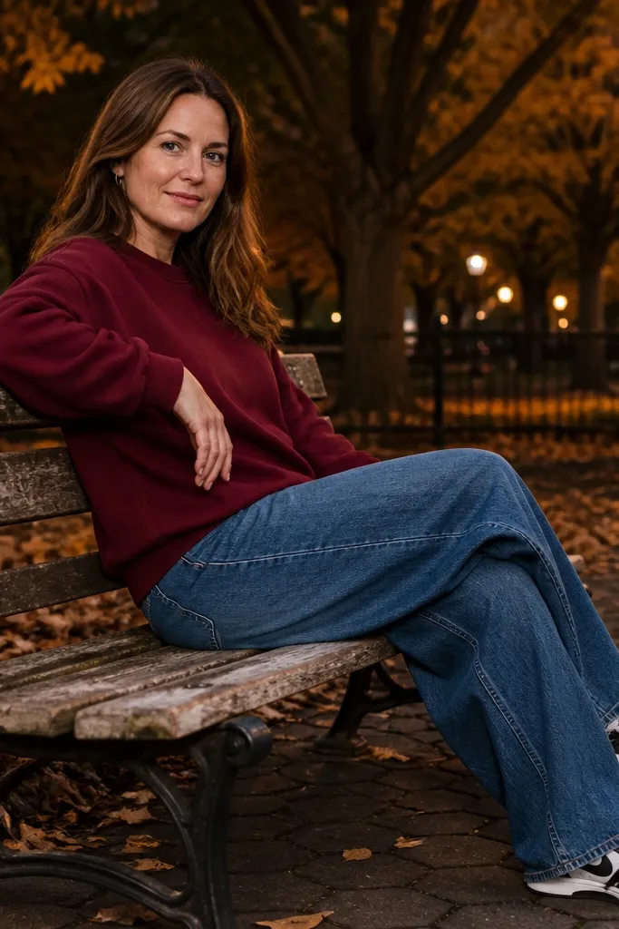 Blue baggy jeans with a maroon sweatshirt and white-and-black low-tops