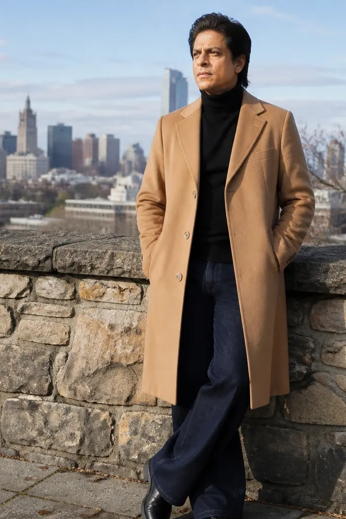 Navy baggy jeans with a camel wool coat and black turtleneck