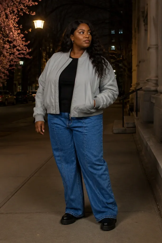 Blue baggy jeans with a light gray bomber and black tee