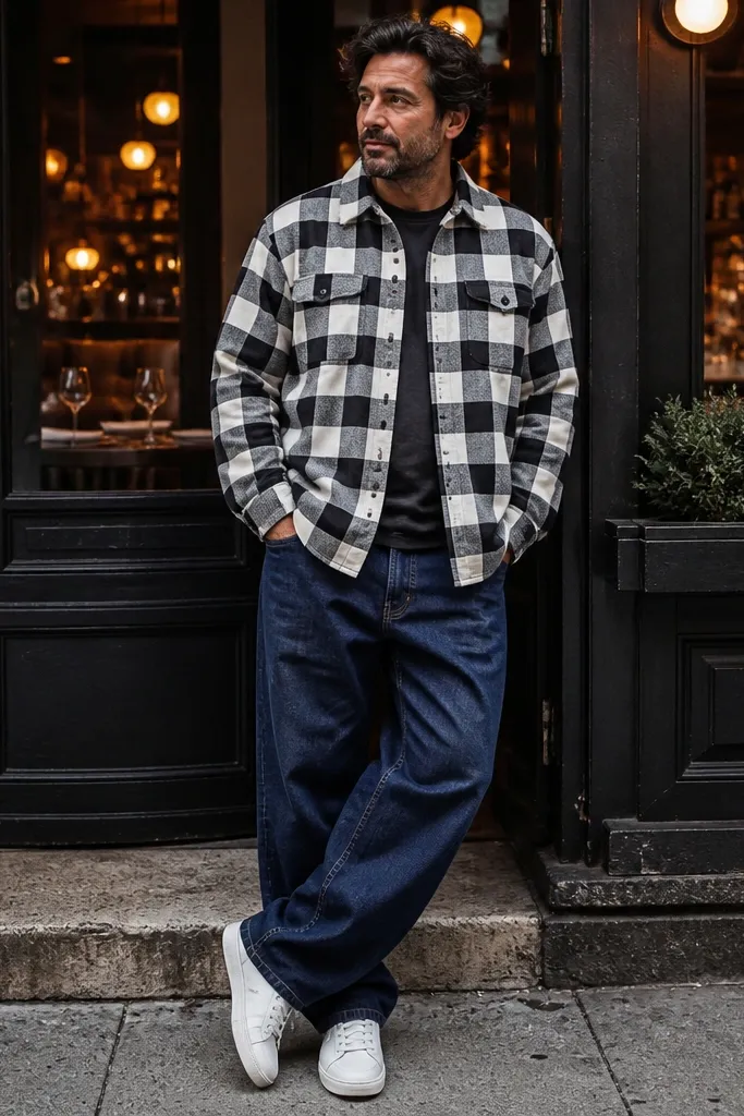 Indigo baggy jeans with a black-and-white check overshirt and white sneakers
