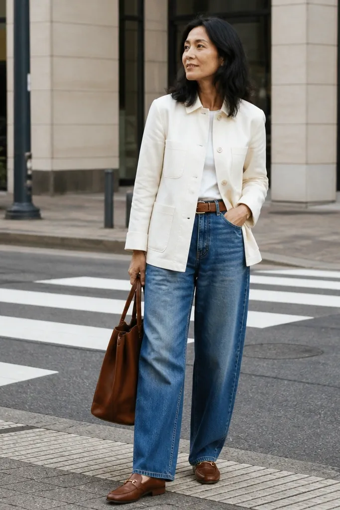 Blue baggy jeans with a white chore coat, brown belt, and brown loafers