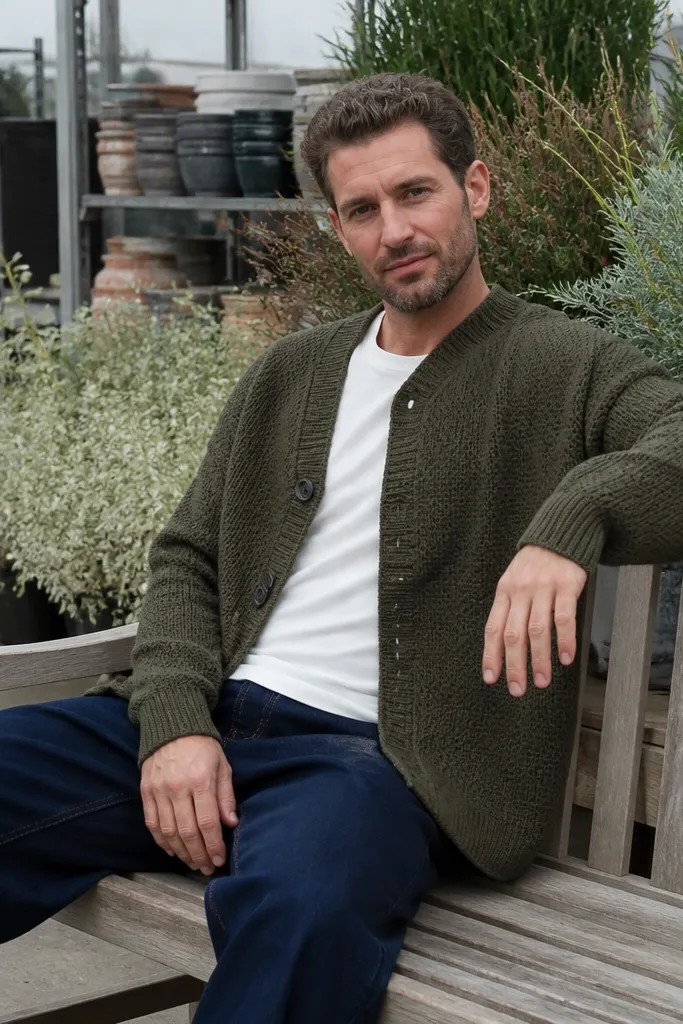 Navy baggy jeans with an olive knit cardigan and white tee