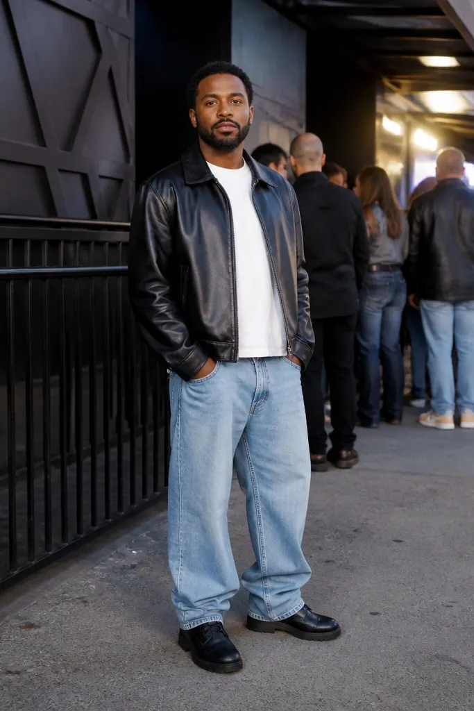 Light blue baggy jeans with a black leather jacket, white tee, and black boots
