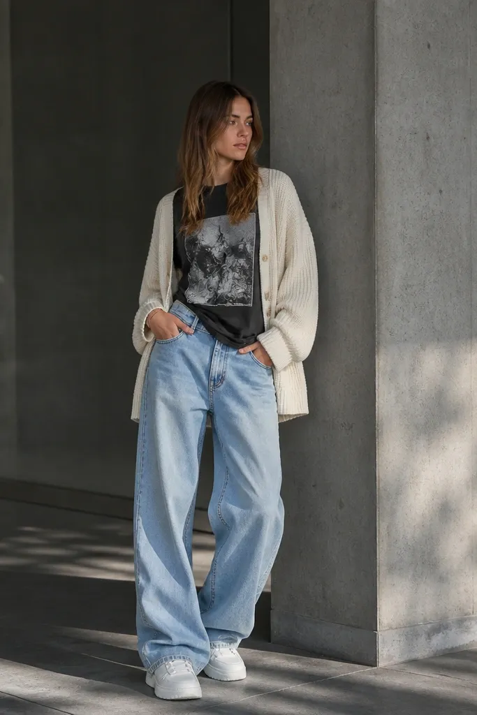 Sky blue baggy jeans with a black graphic tee, cream cardigan, white sneakers