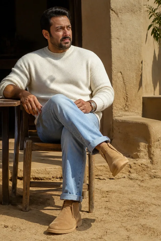 Light blue jeans with off-white crew sweater and tan suede desert boots