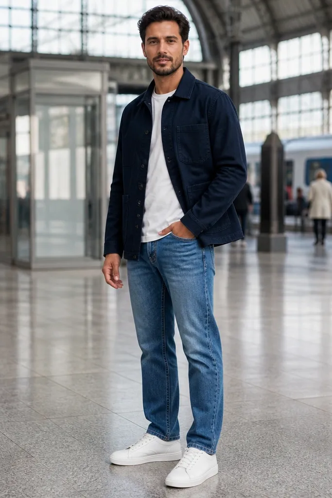 Mid blue jeans with white t-shirt, navy chore jacket, and white sneakers