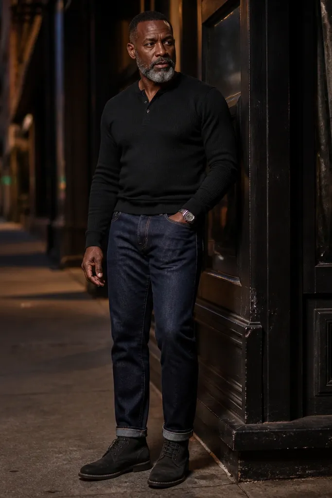Dark indigo jeans with black henley and charcoal suede chukka boots