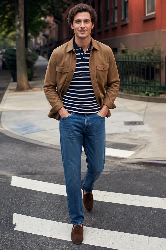 Mid blue jeans with navy striped polo, camel overshirt, and brown loafers