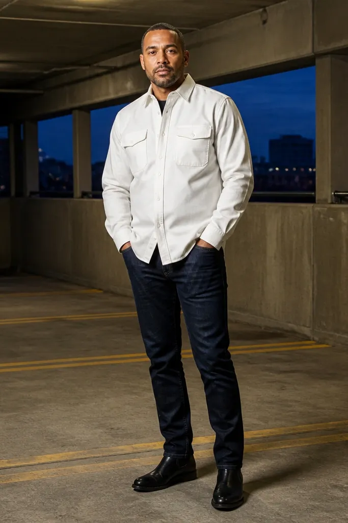 Dark indigo jeans with white overshirt and black leather boots