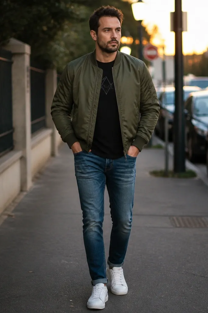 Mid blue jeans with black graphic tee, olive bomber, and white sneakers