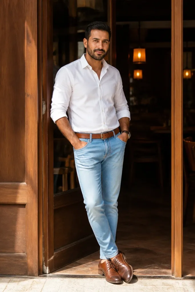 Light blue jeans with white button-up shirt, tan belt, and brown derbies