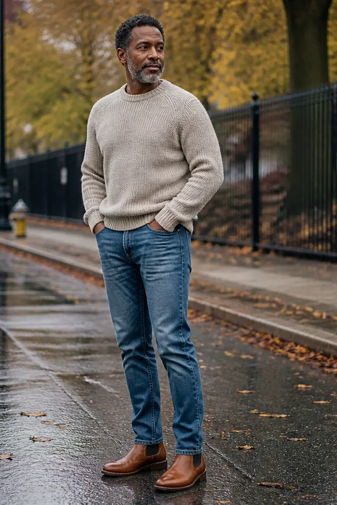 Mid blue jeans with oatmeal knit sweater and cognac Chelsea boots