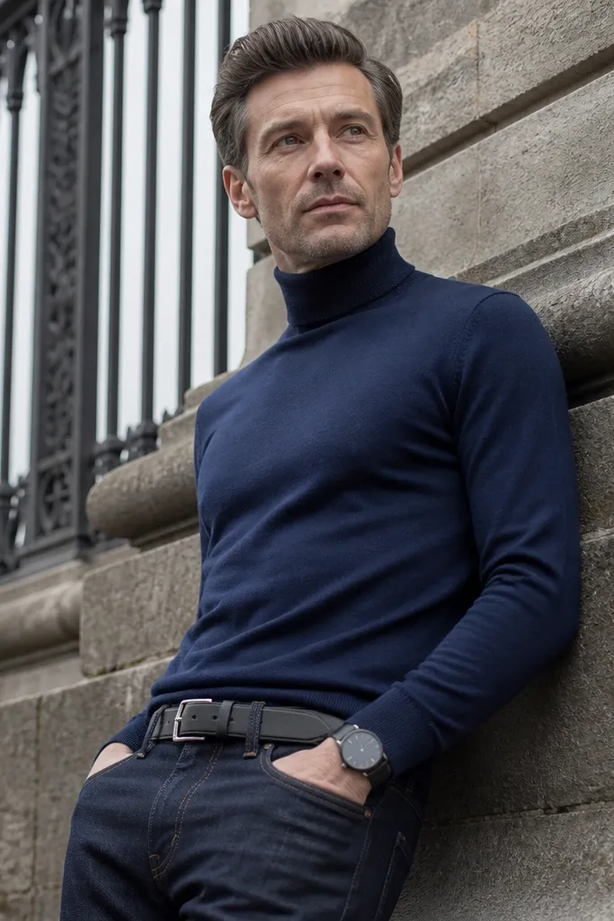 Dark indigo jeans with navy turtleneck and black belt