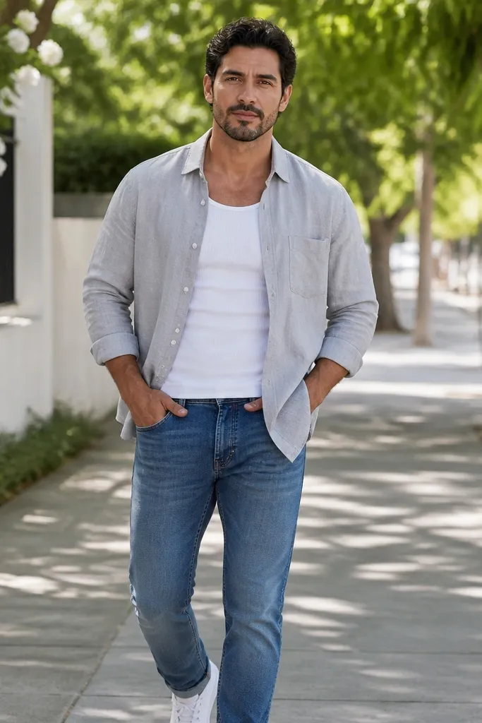 Mid blue jeans with white tank and light gray overshirt