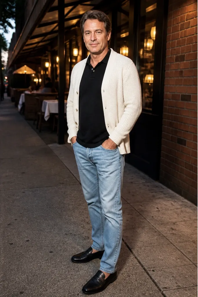 Light blue jeans with black polo, cream cardigan, and black loafers