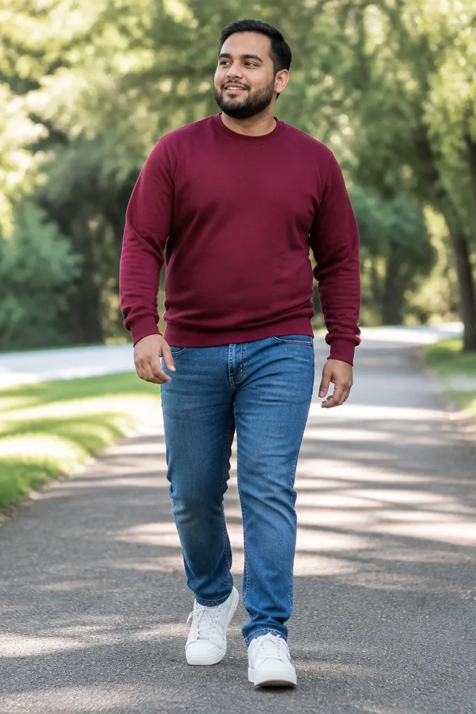 Mid blue jeans with burgundy crewneck and white sneakers