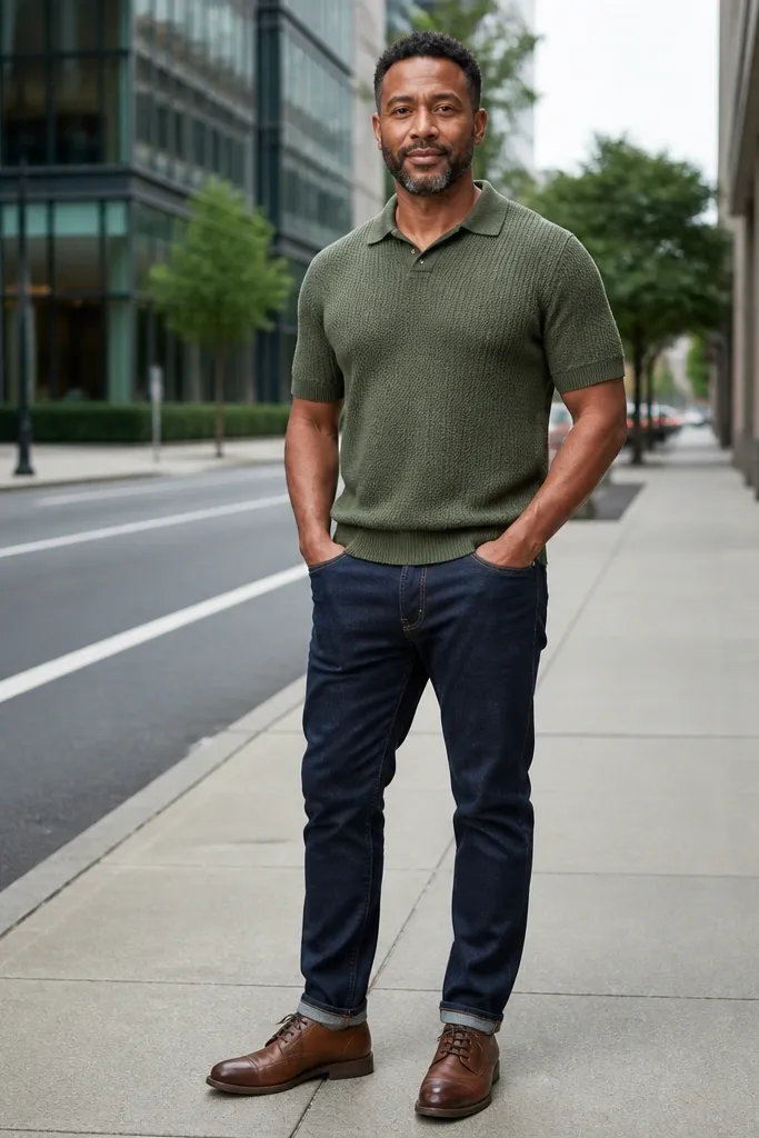 Dark indigo jeans with olive knit polo and brown lace-up shoes