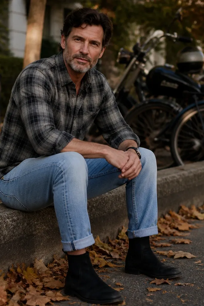 Light blue jeans with gray flannel shirt and black boots