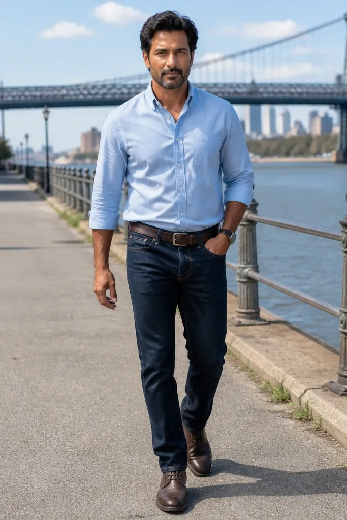 Dark indigo jeans with light blue oxford shirt and dark brown boots