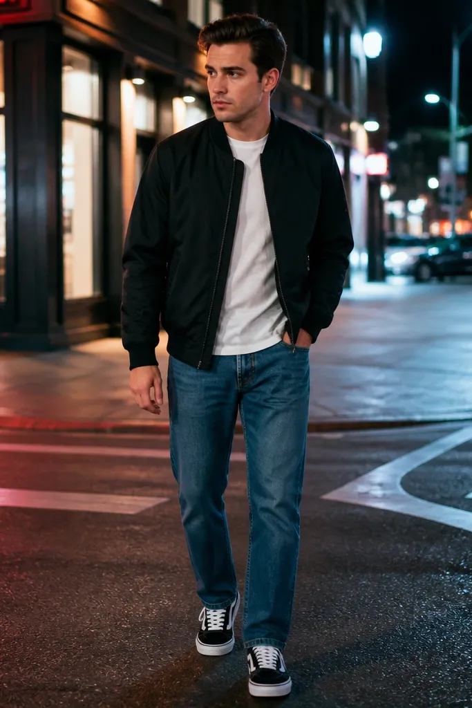 Mid blue jeans with white t-shirt, black bomber jacket, and black-and-white sneakers