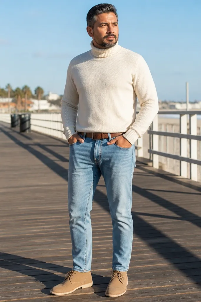 Light blue jeans with cream turtleneck and tan desert boots