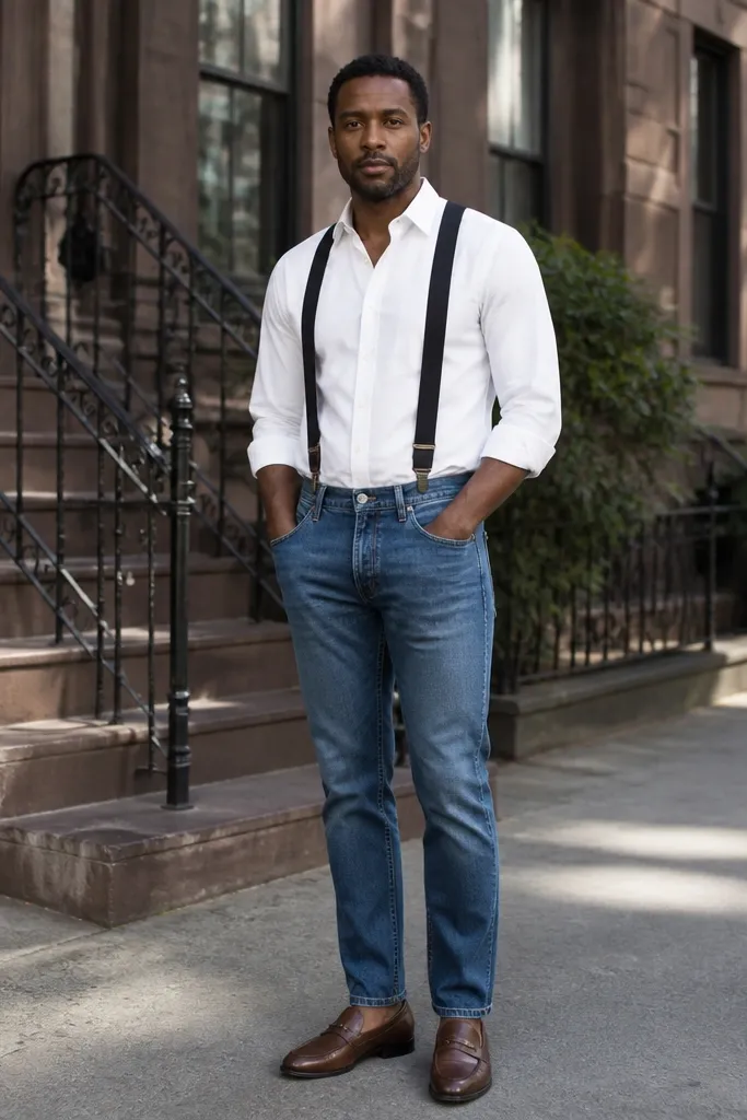 Mid blue jeans with white button-down, black suspenders, and brown loafers