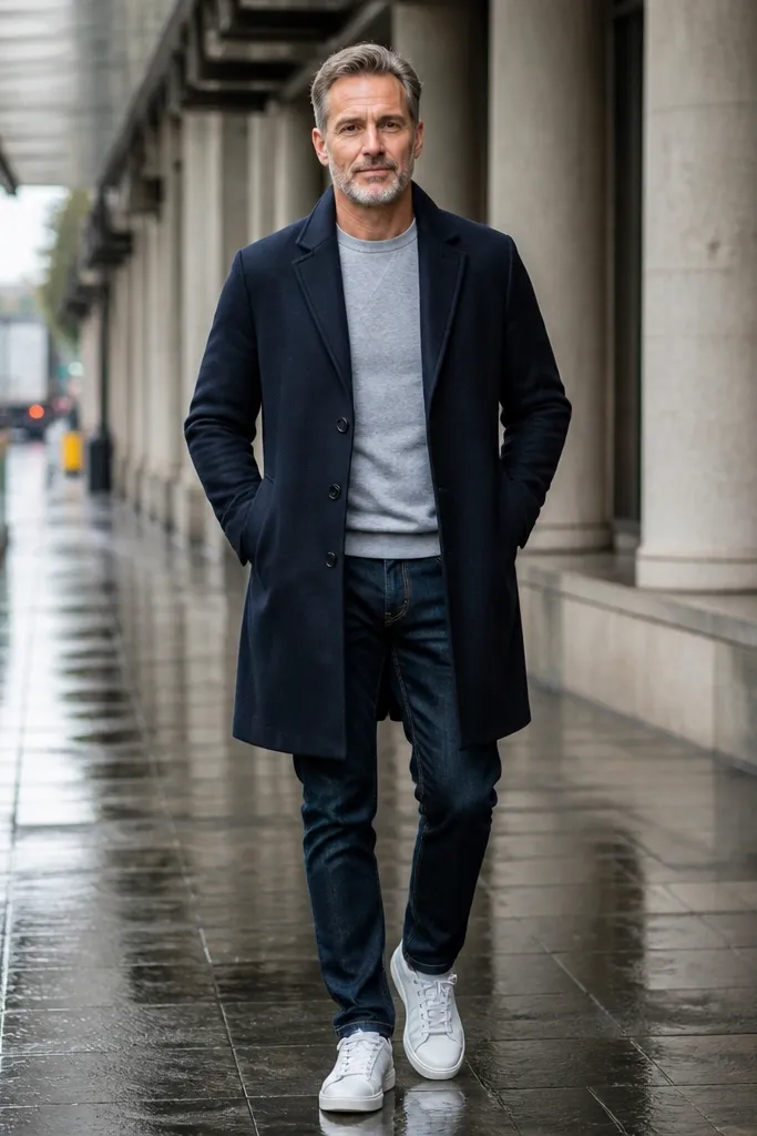 Dark indigo jeans with light gray sweatshirt, navy overcoat, and white sneakers