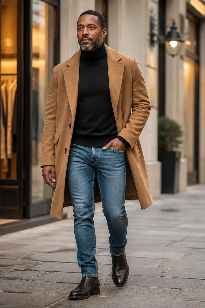 Mid blue jeans with black turtleneck, camel overcoat, and black boots