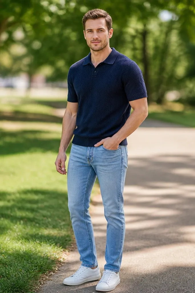 Light blue jeans with navy knit polo and white low-top sneakers