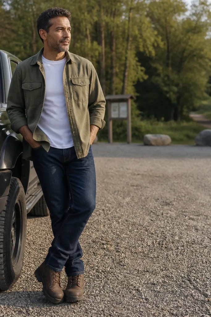 Dark indigo jeans with white tee, olive overshirt, and brown hiking boots