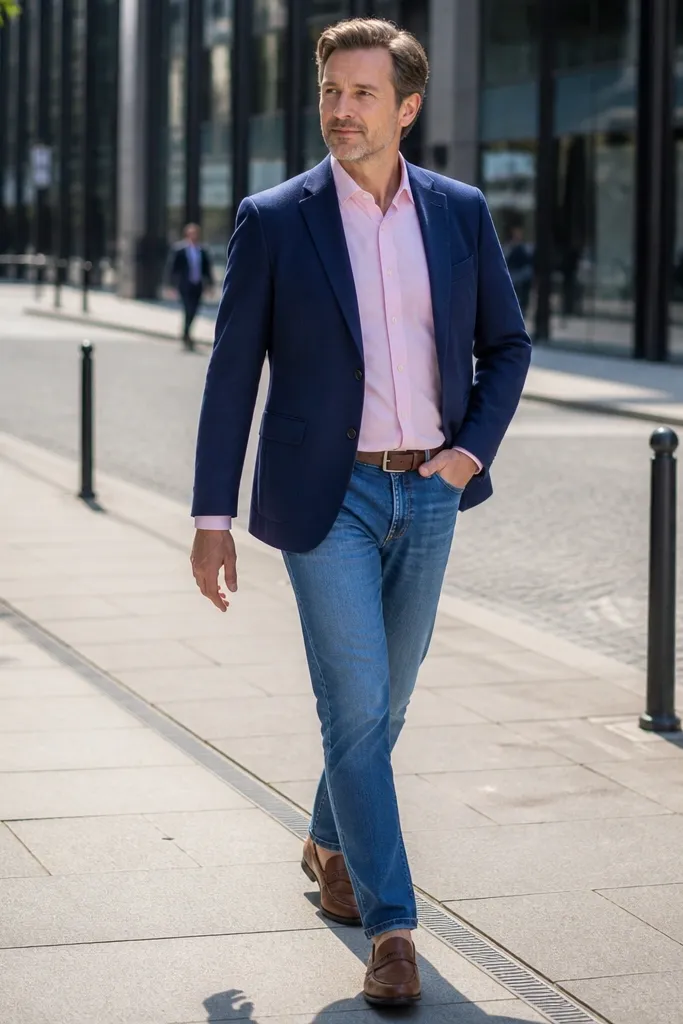 Mid blue jeans with light pink oxford shirt, navy blazer, and brown loafers