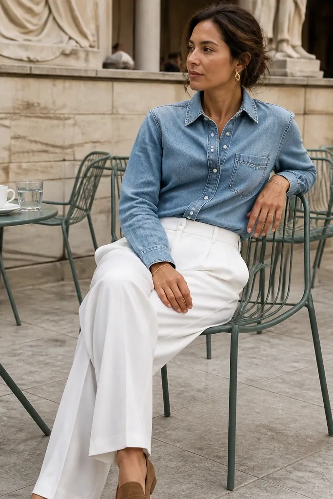 Light blue denim shirt with white pleated trousers and tan loafers