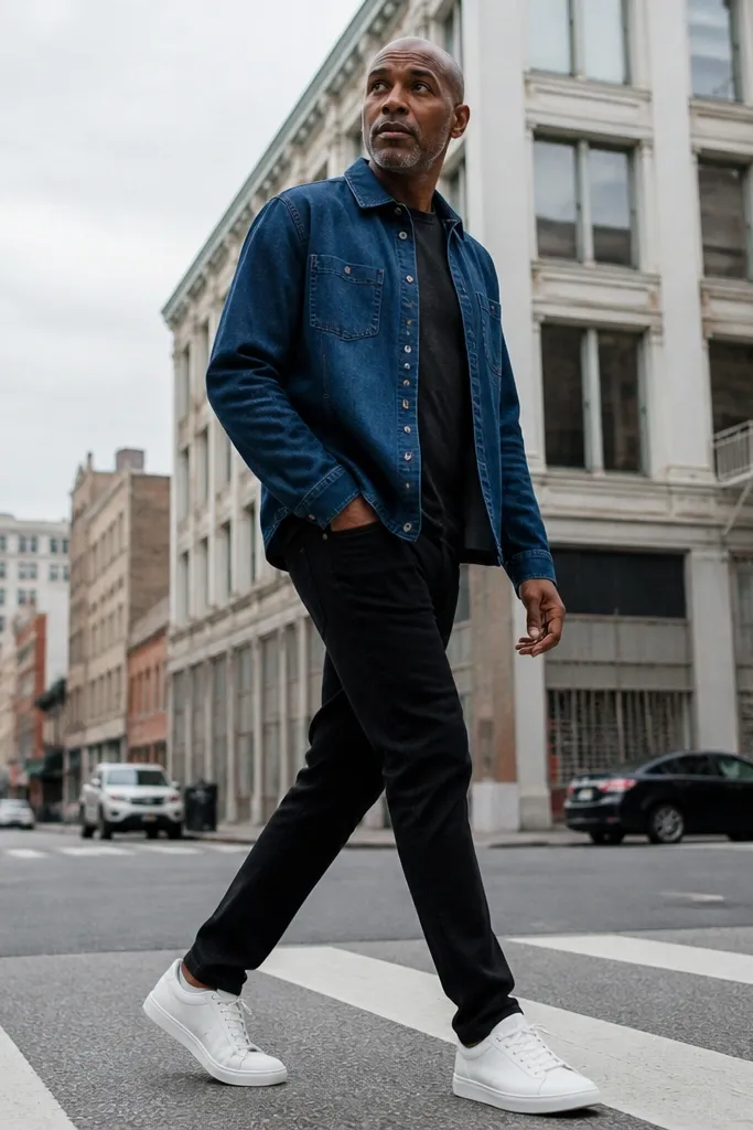 Indigo denim overshirt over black jeans with white sneakers