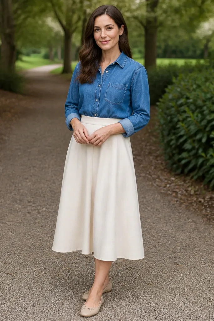 Blue denim button-down tucked into a cream midi skirt with nude flats