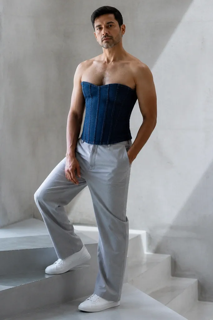 Indigo denim corset-style top with light gray straight-leg pants and white sneakers