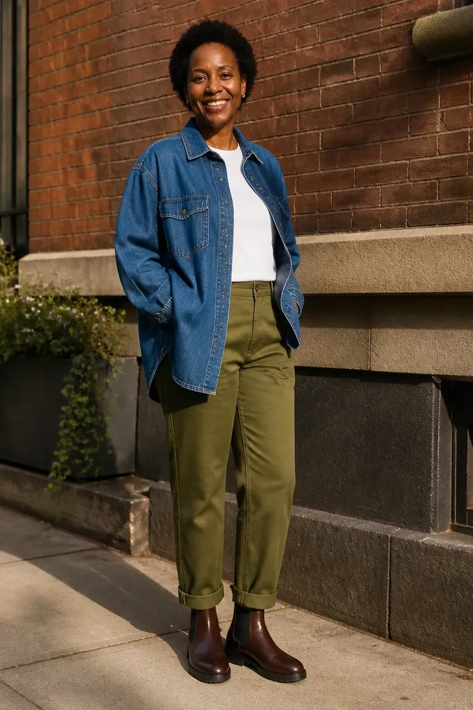 Blue denim overshirt with olive trousers and dark brown Chelsea boots