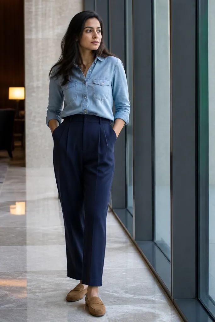 Light blue denim top tucked into navy high-waist trousers with tan suede loafers