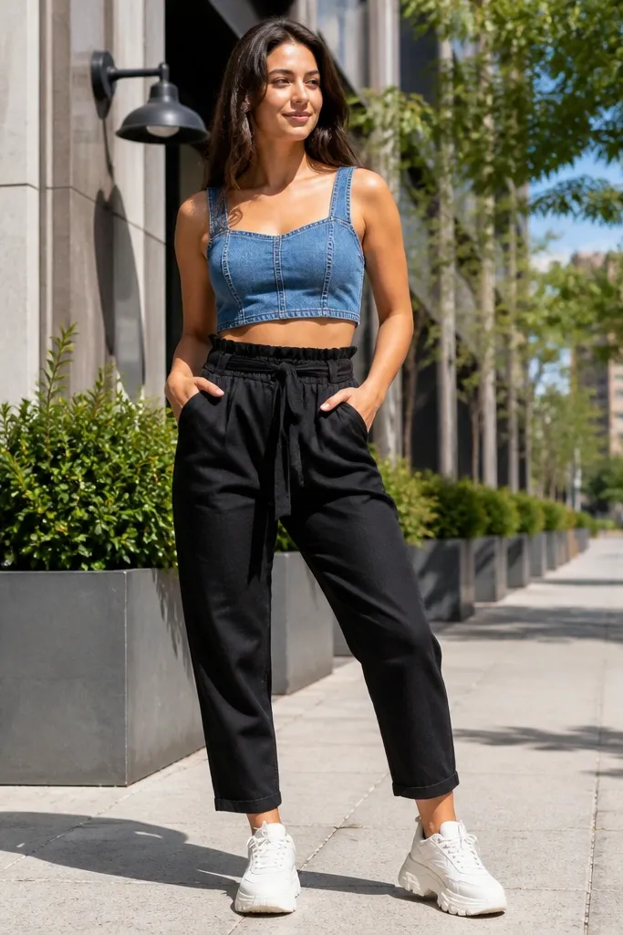Blue denim crop top with black paperbag waist pants and chunky white trainers