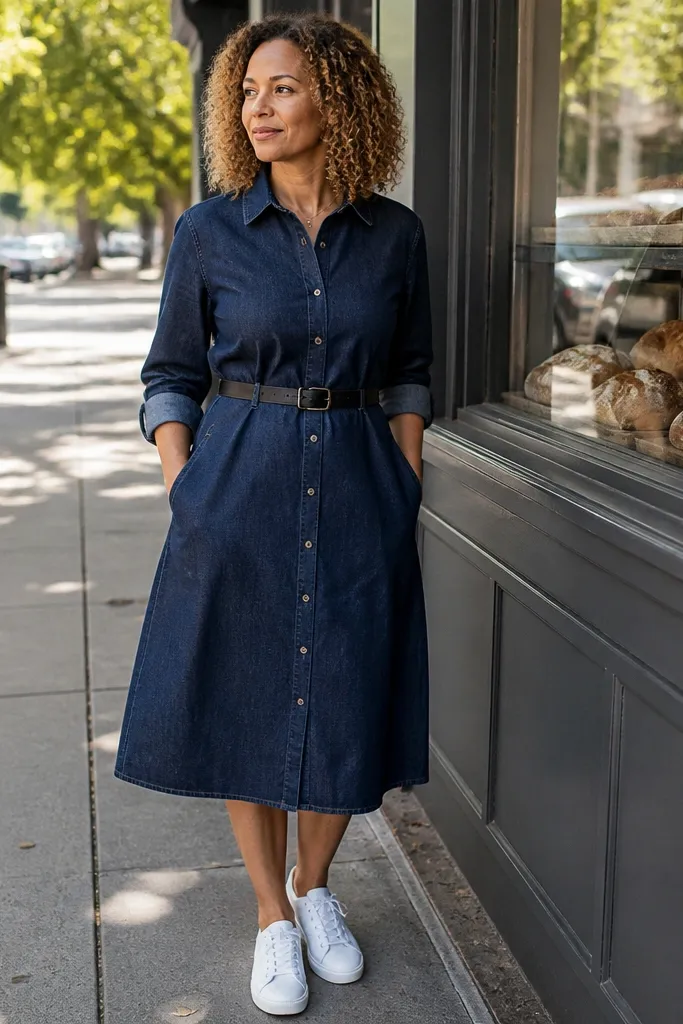 Dark denim shirt dress with a black belt and white leather sneakers