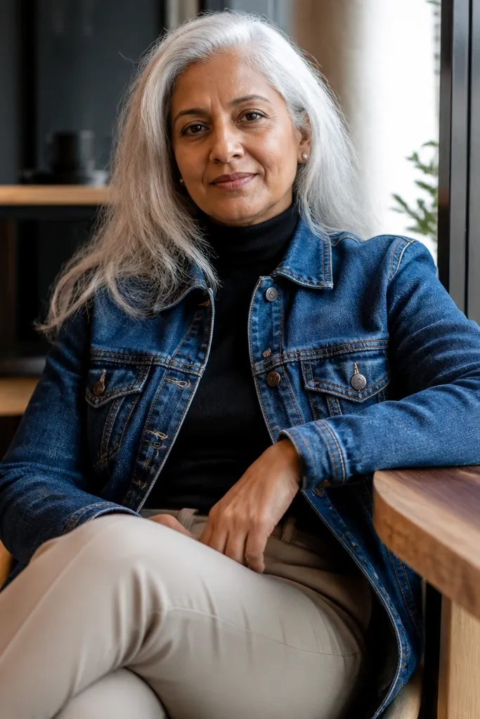 Blue denim jacket over a black turtleneck with stone tapered pants