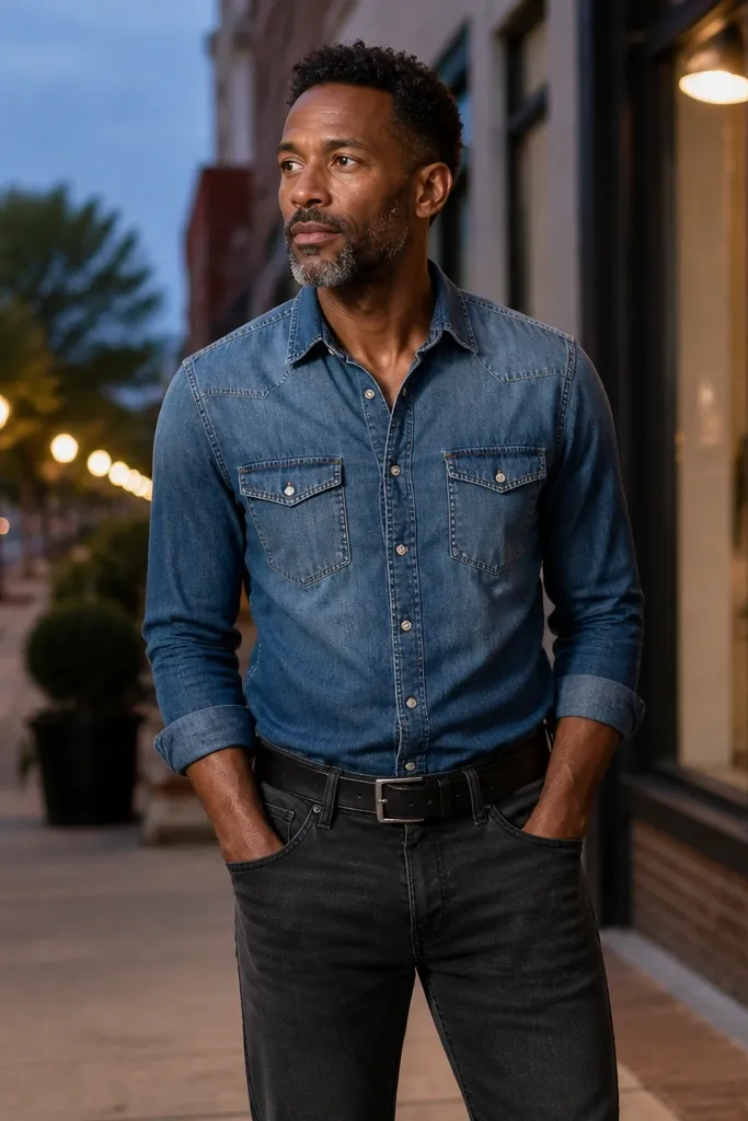 Washed blue denim shirt with charcoal straight jeans and a black leather belt
