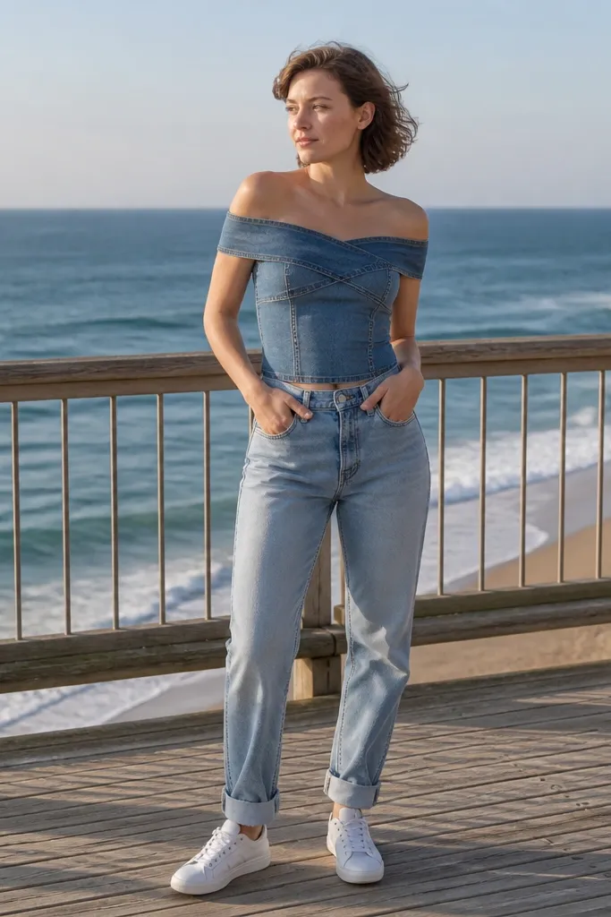 Blue off-shoulder denim top with light blue mom jeans and white low-top sneakers