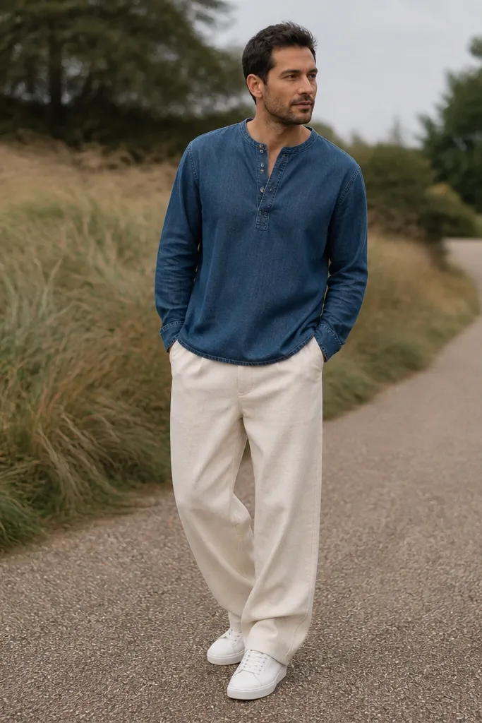 Blue denim henley with oatmeal wide-leg pants and white leather sneakers