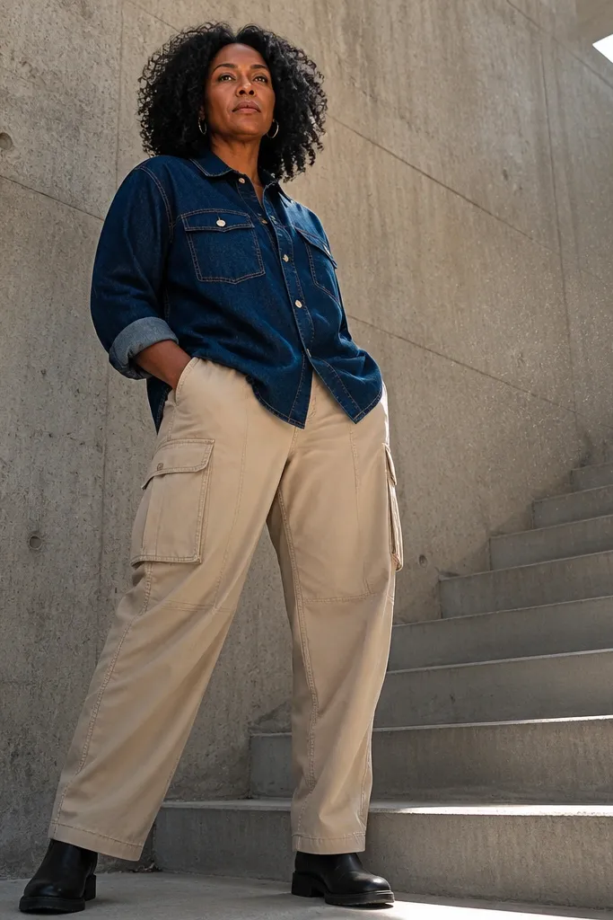 Dark blue denim top with beige cargo trousers and black minimal boots